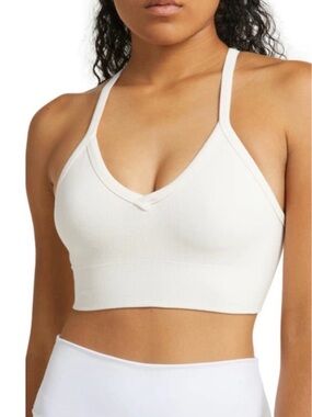 ALO Yoga ribbed seamless low back sports bra, ivory.